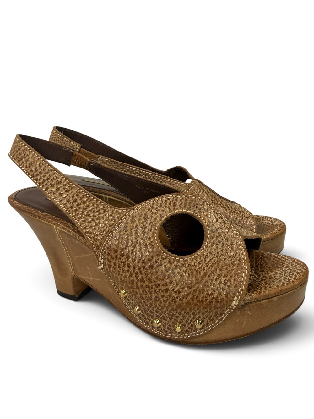 Max Studio Brown Leather Platform Slingback Heels Cutout Studded Y2K 7.5